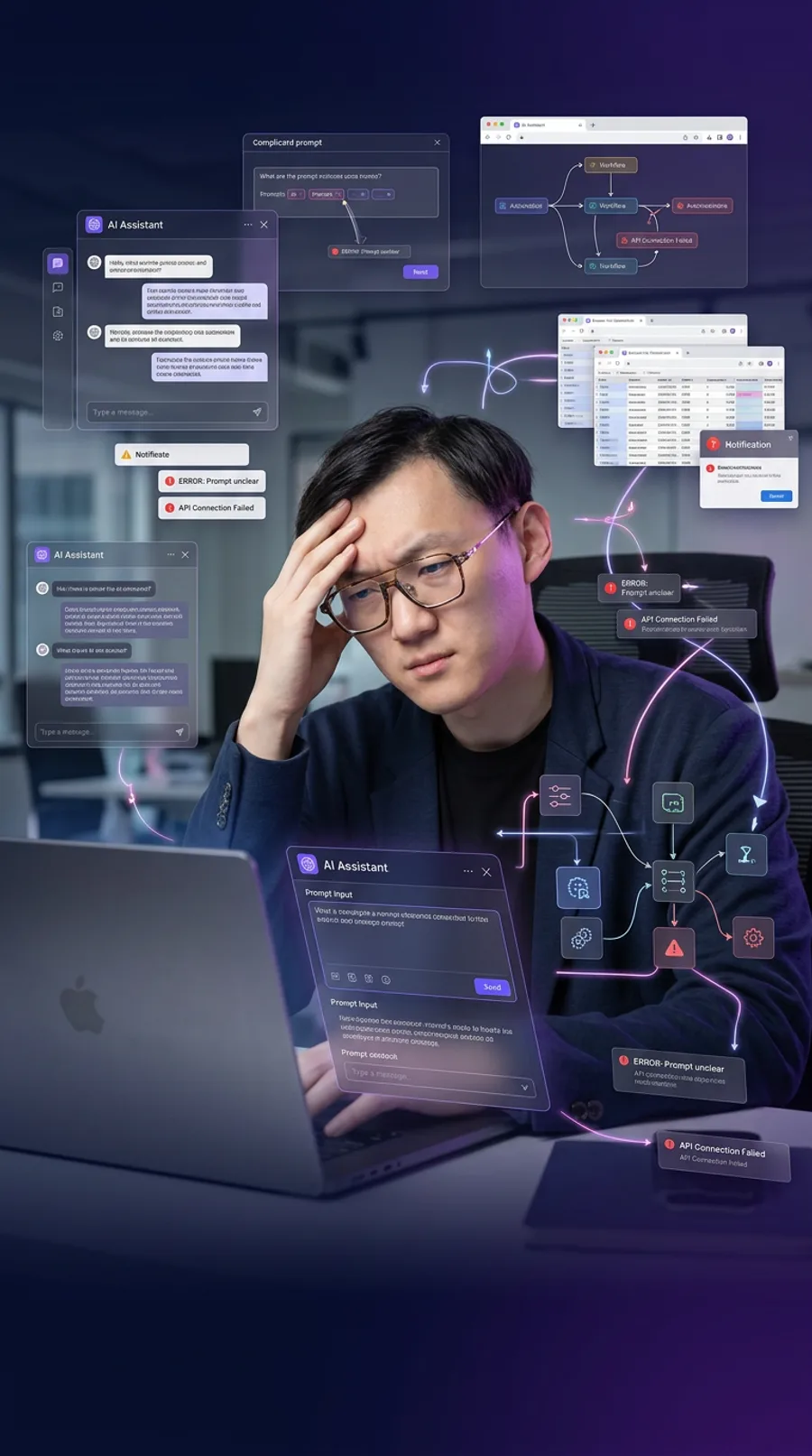 Frustrated professional struggling to keep up with AI tools