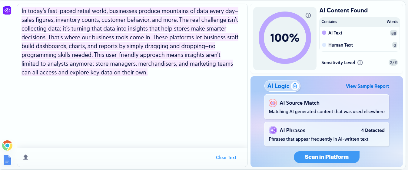 Copyleaks AI Content Detector interface showing the AI detection score for a piece of text