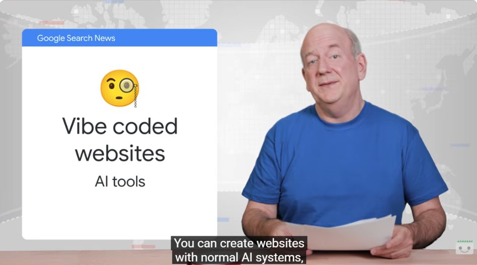Search Central News update by John Mueller confirming AI-built websites are treated as normal websites on Google