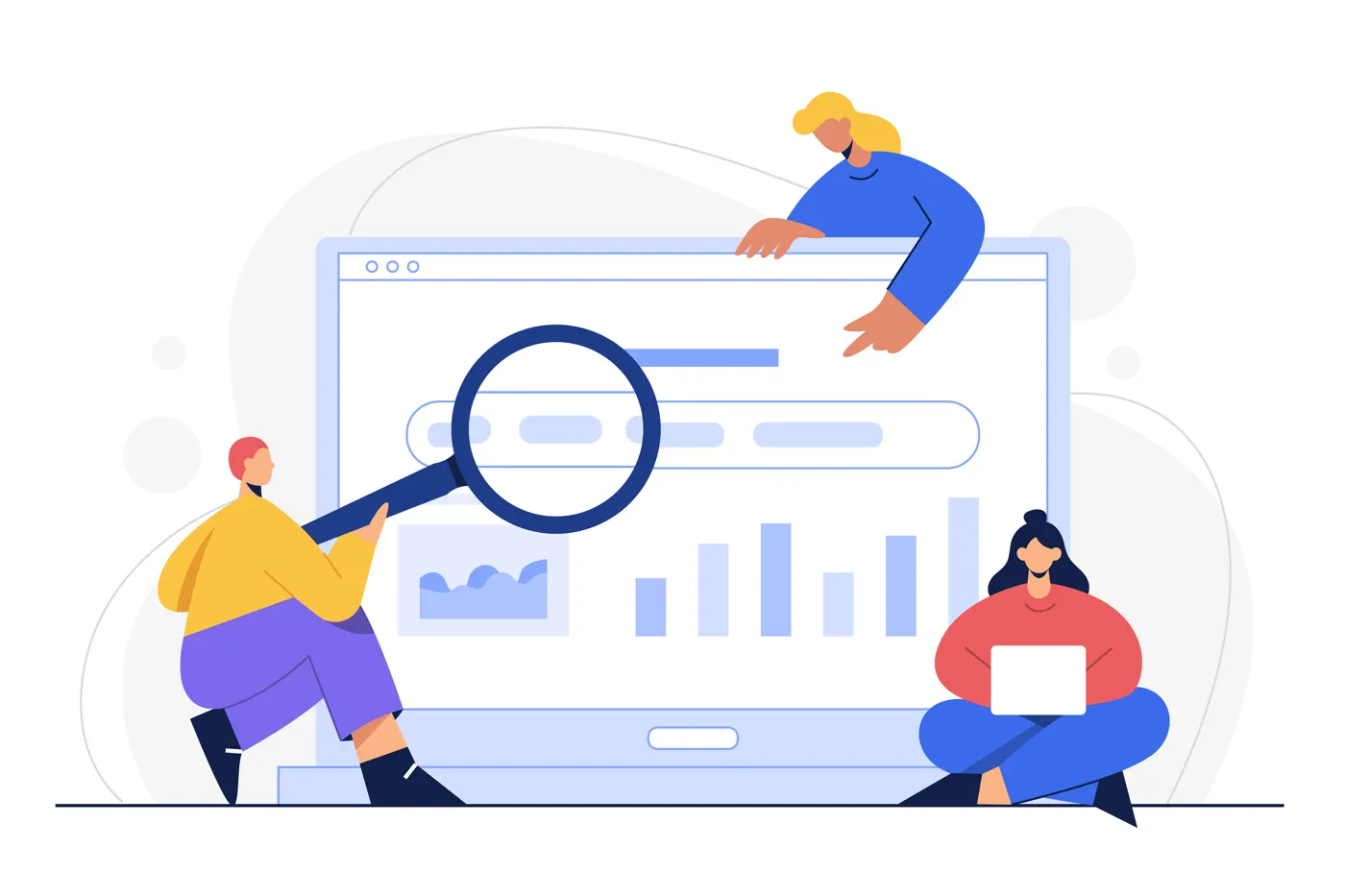 Two marketers reviewing SEO reports, charts, and website analytics during a strategy meeting